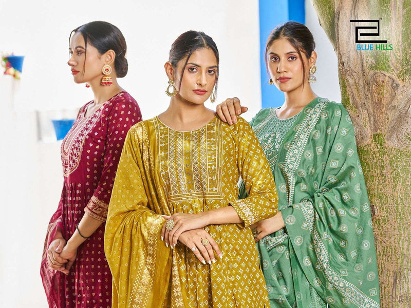 Blue Hills Present Festival Night Fancy 3pcs Set Amazing Nayra Cut Kurti With Pant And Chanderi Dupatta