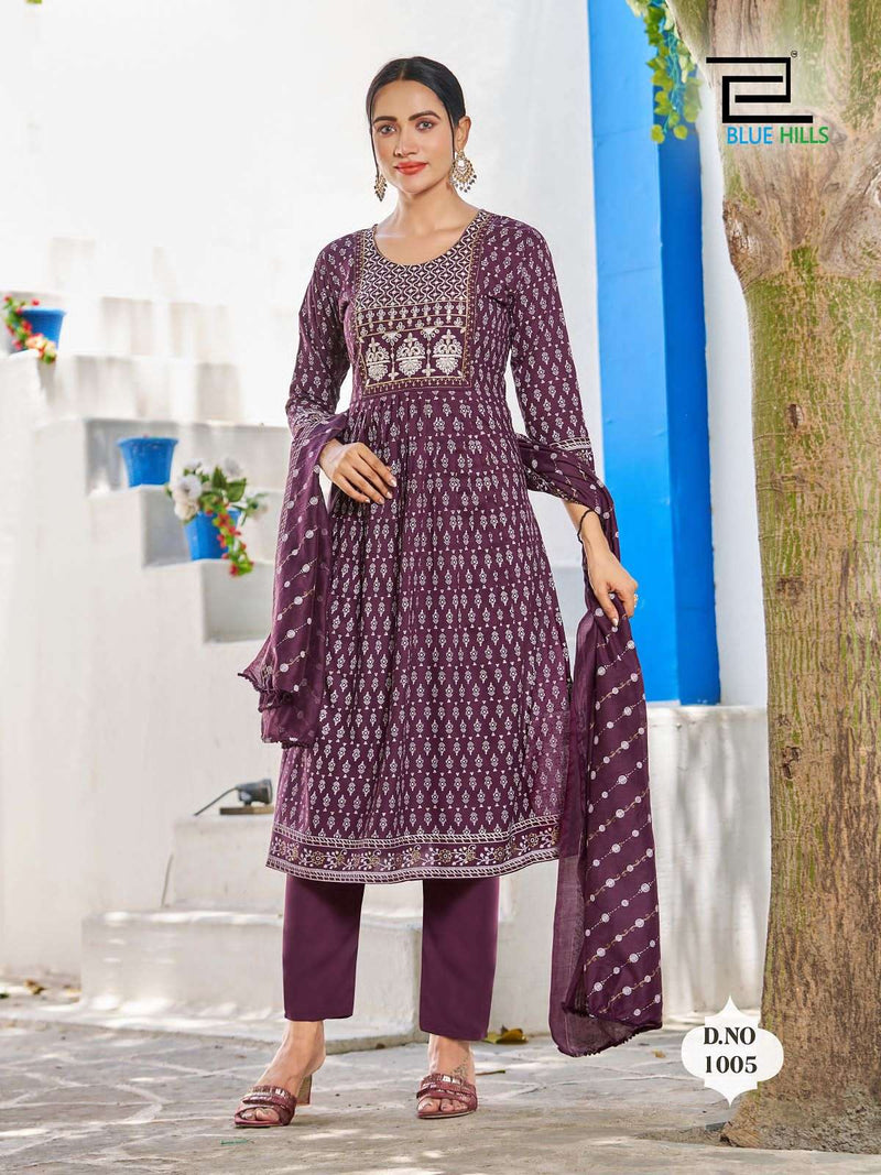Blue Hills Present Festival Night Fancy 3pcs Set Amazing Nayra Cut Kurti With Pant And Chanderi Dupatta