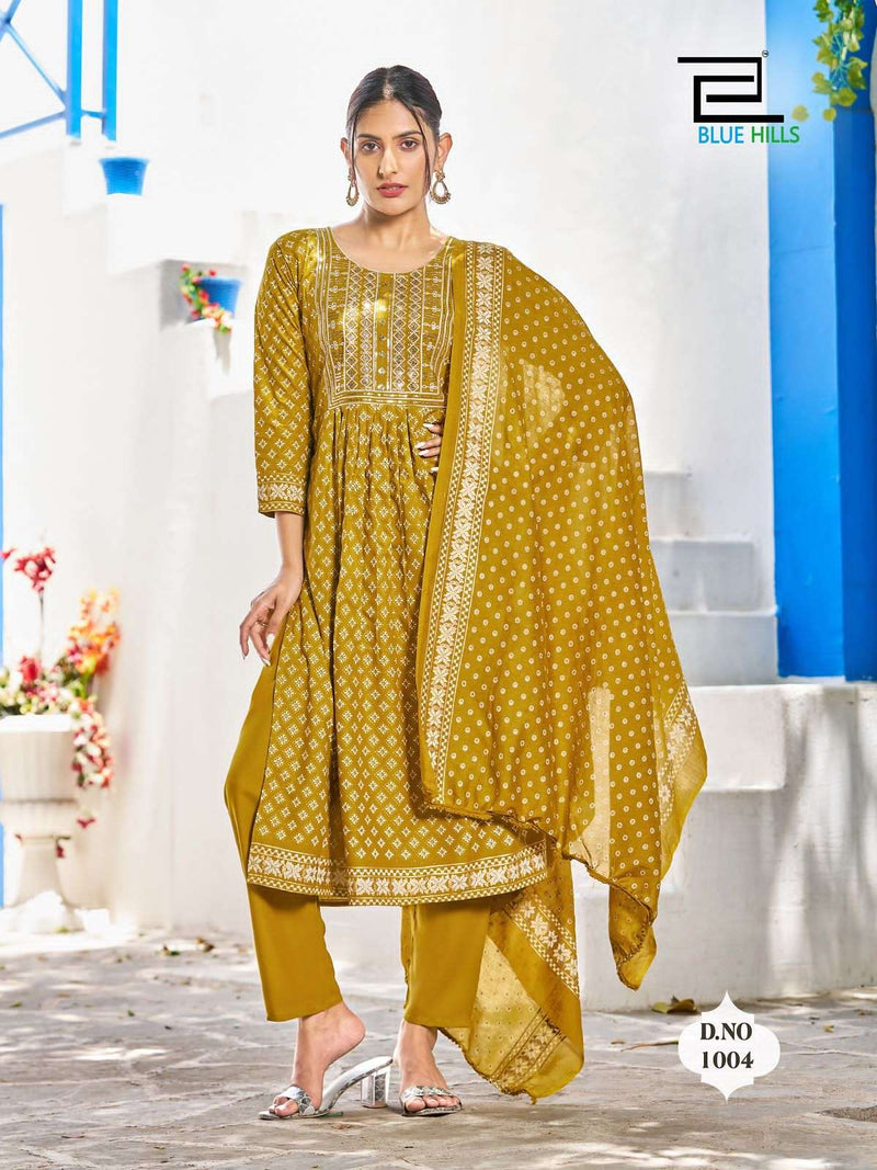 Blue Hills Present Festival Night Fancy 3pcs Set Amazing Nayra Cut Kurti With Pant And Chanderi Dupatta