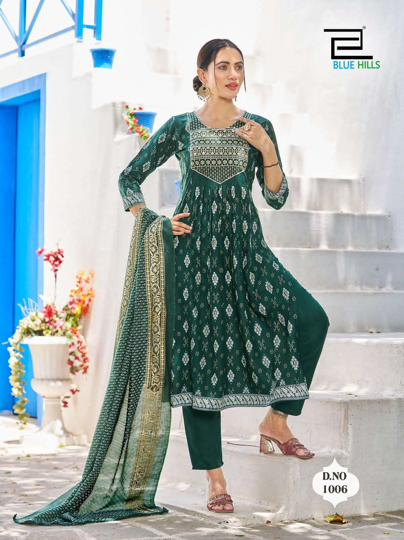 Blue Hills Present Festival Night Fancy 3pcs Set Amazing Nayra Cut Kurti With Pant And Chanderi Dupatta