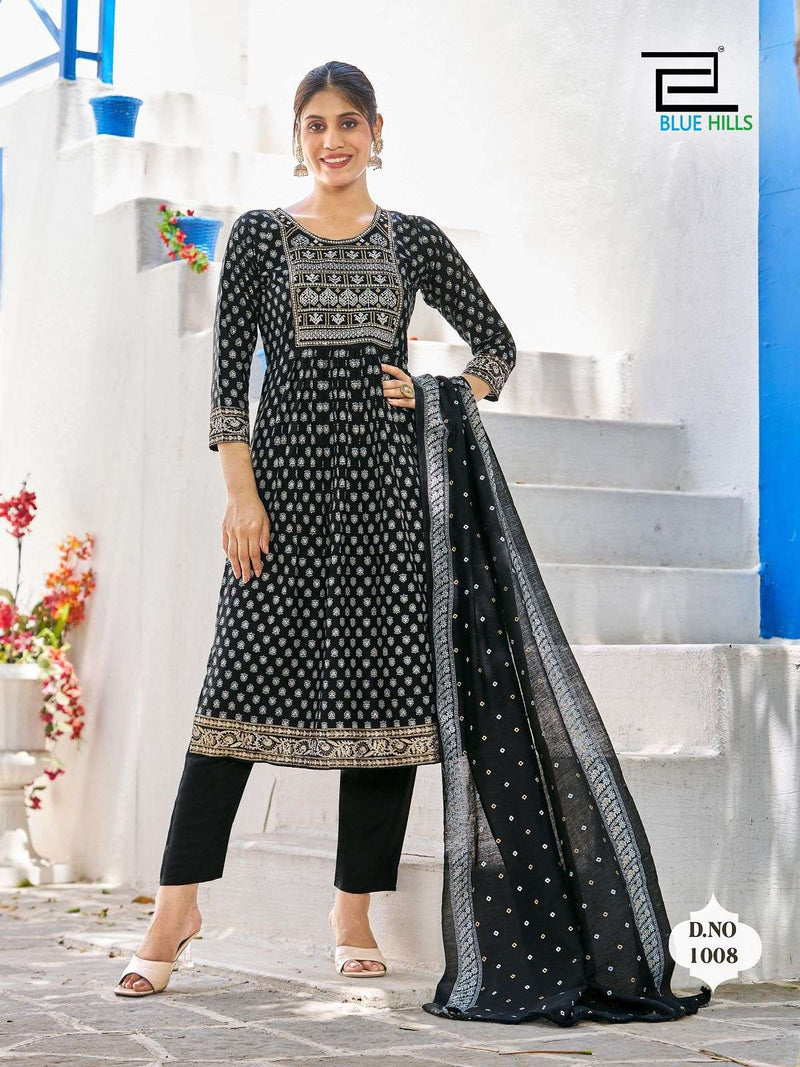 Blue Hills Present Festival Night Fancy 3pcs Set Amazing Nayra Cut Kurti With Pant And Chanderi Dupatta