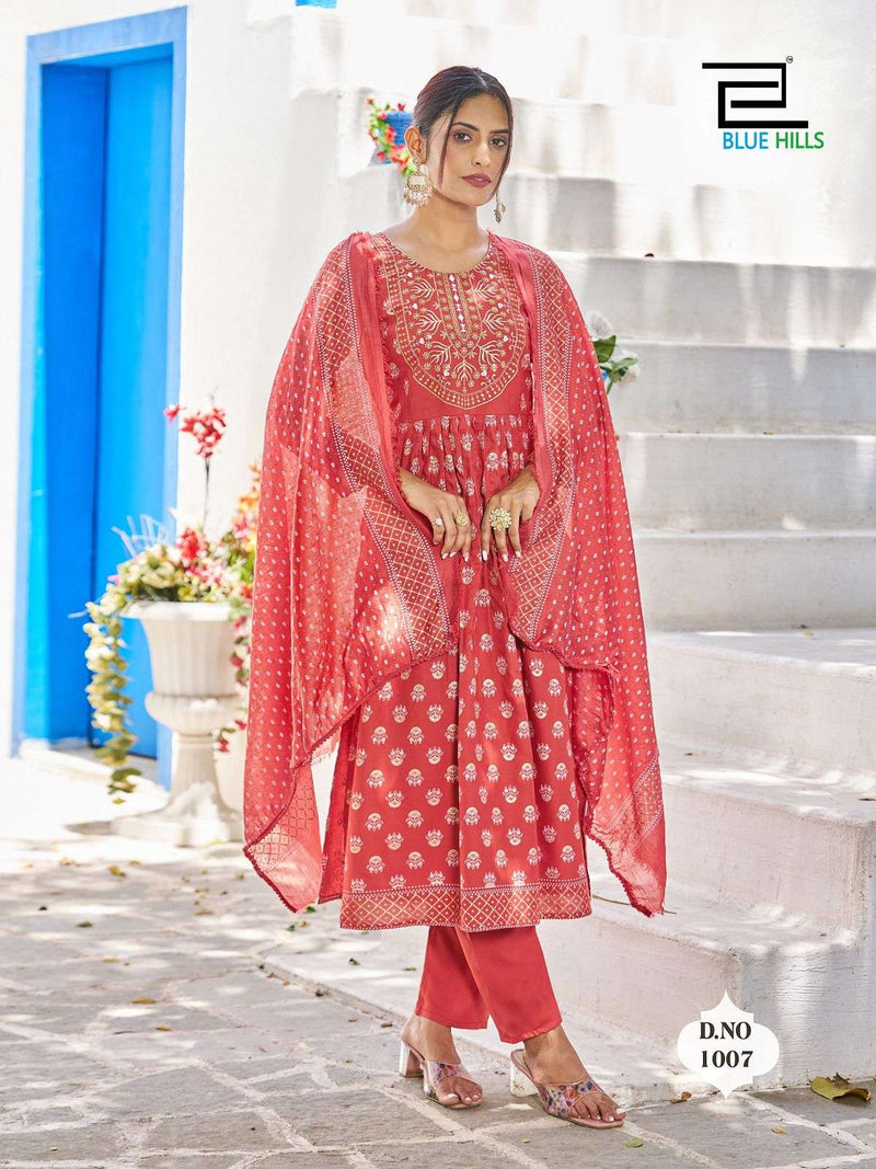 Blue Hills Present Festival Night Fancy 3pcs Set Amazing Nayra Cut Kurti With Pant And Chanderi Dupatta