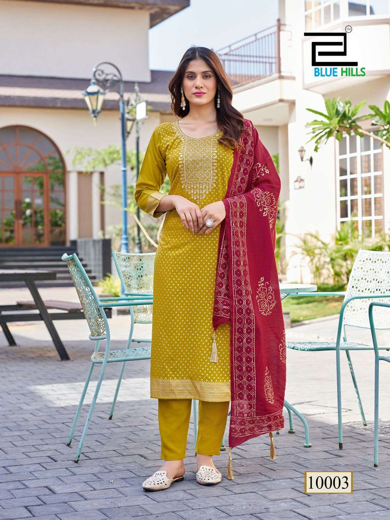 Blue Hills Royal Touch Vol 10 Nx Rayon Foil Print Casual Wear Kurti Pant Dupatta Set