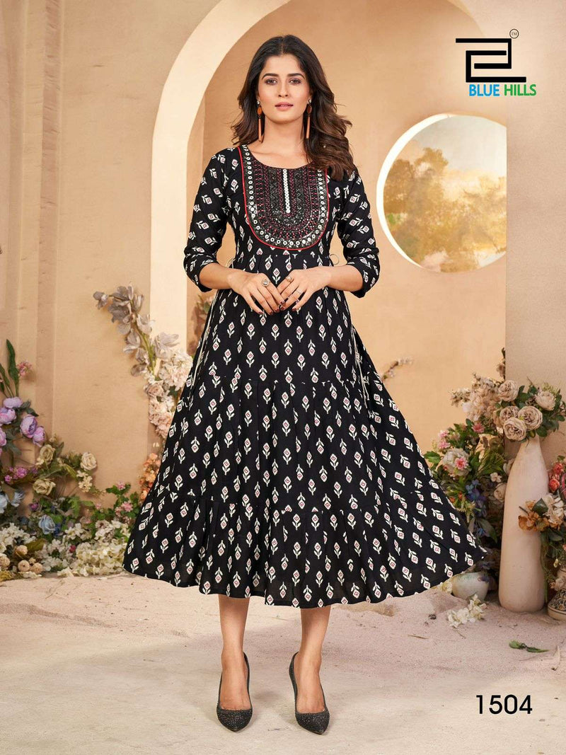 Blue Hills Sarfaraz Vol 15 Rayon Print Neck Embroidery Gown Style Casual Wear Kurti