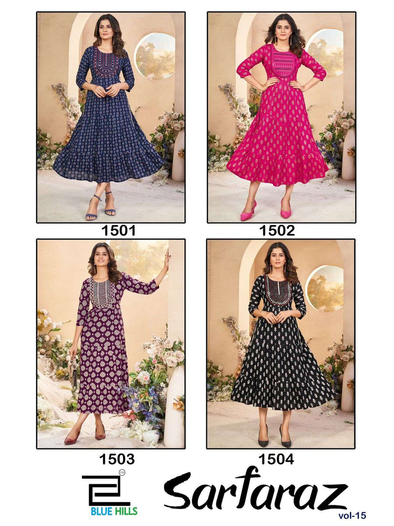 Blue Hills Sarfaraz Vol 15 Rayon Print Neck Embroidery Gown Style Casual Wear Kurti