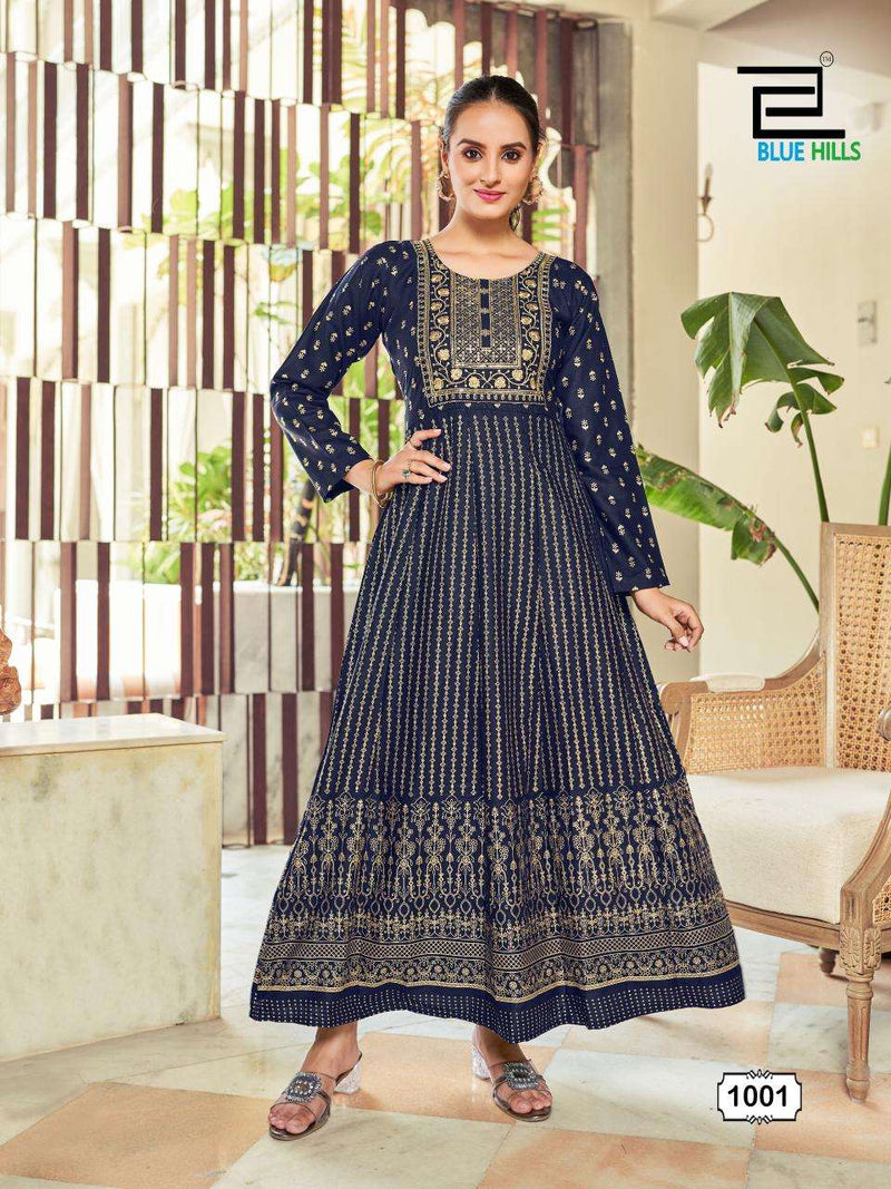 Blue Hills Inaya Rayon Foil Print With Classic Neck Embroidery Work Anarkali Gown