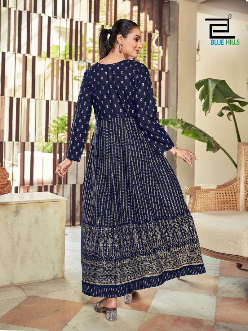 Blue Hills Inaya Rayon Foil Print With Classic Neck Embroidery Work Anarkali Gown
