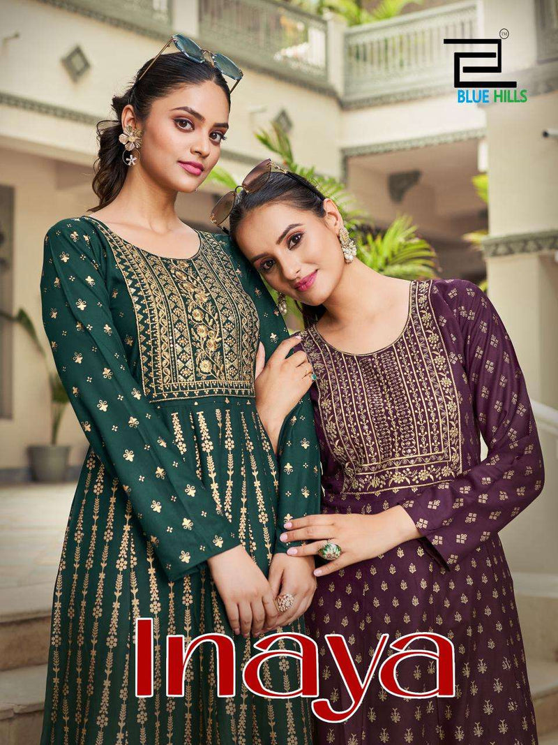 Blue Hills Inaya Rayon Foil Print With Classic Neck Embroidery Work Anarkali Gown