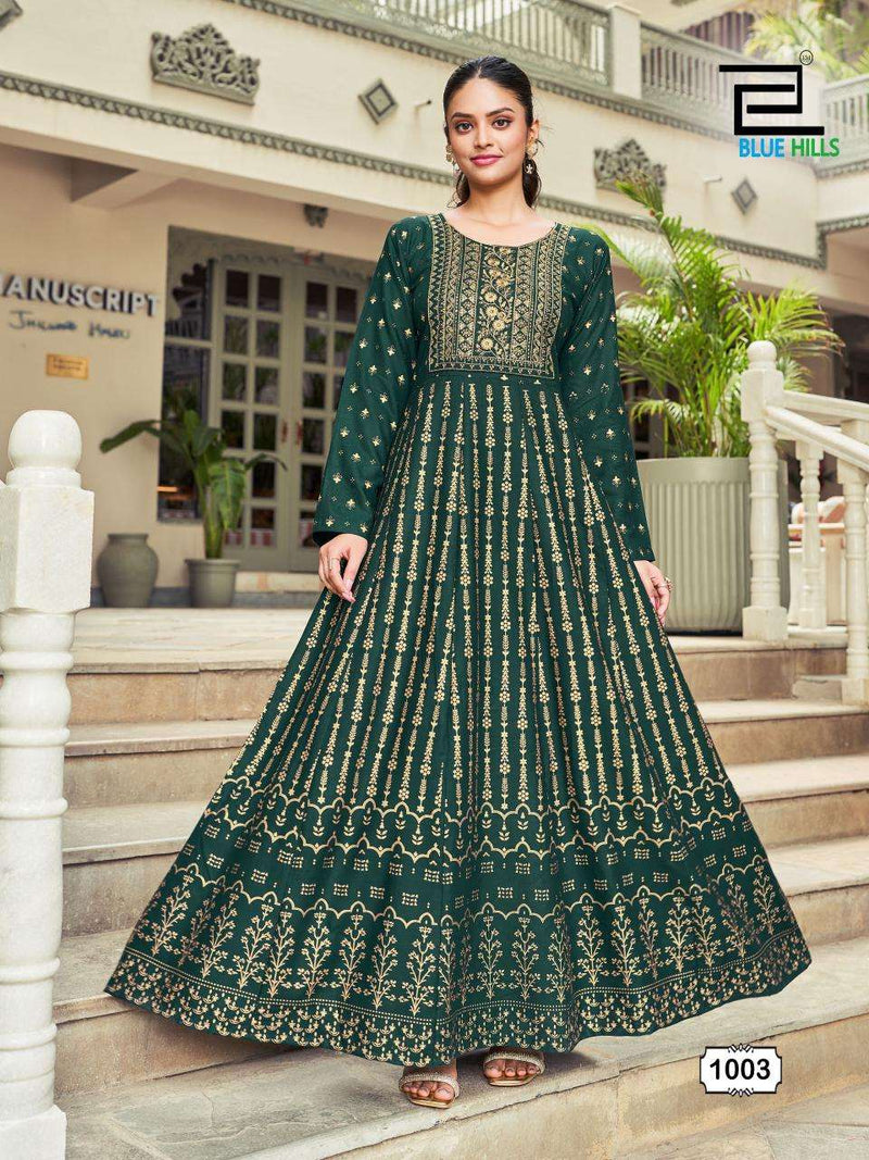 Blue Hills Inaya Rayon Foil Print With Classic Neck Embroidery Work Anarkali Gown