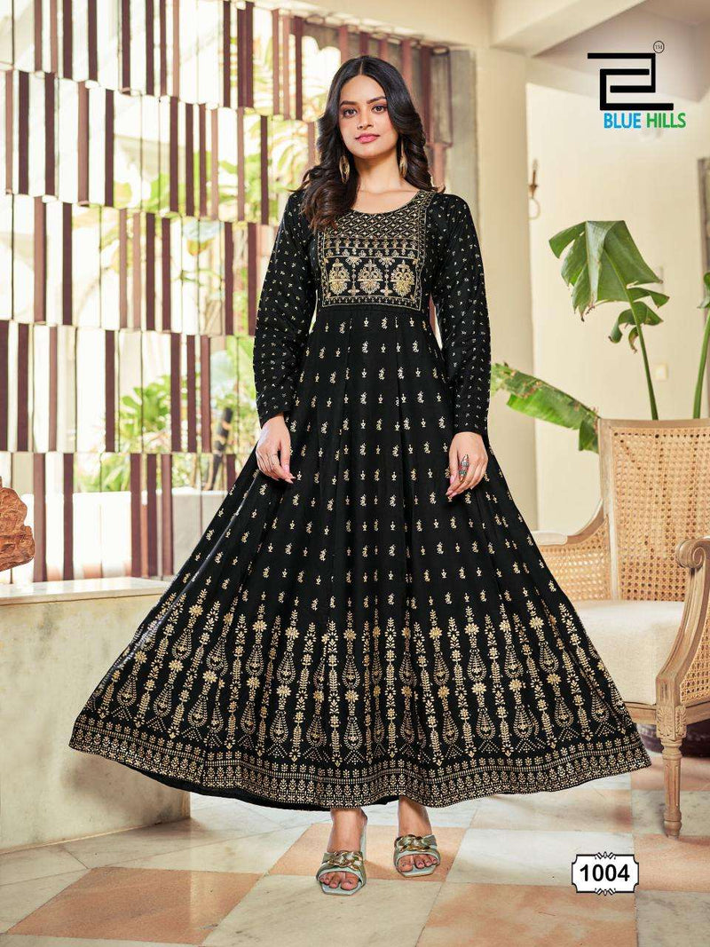 Blue Hills Inaya Rayon Foil Print With Classic Neck Embroidery Work Anarkali Gown