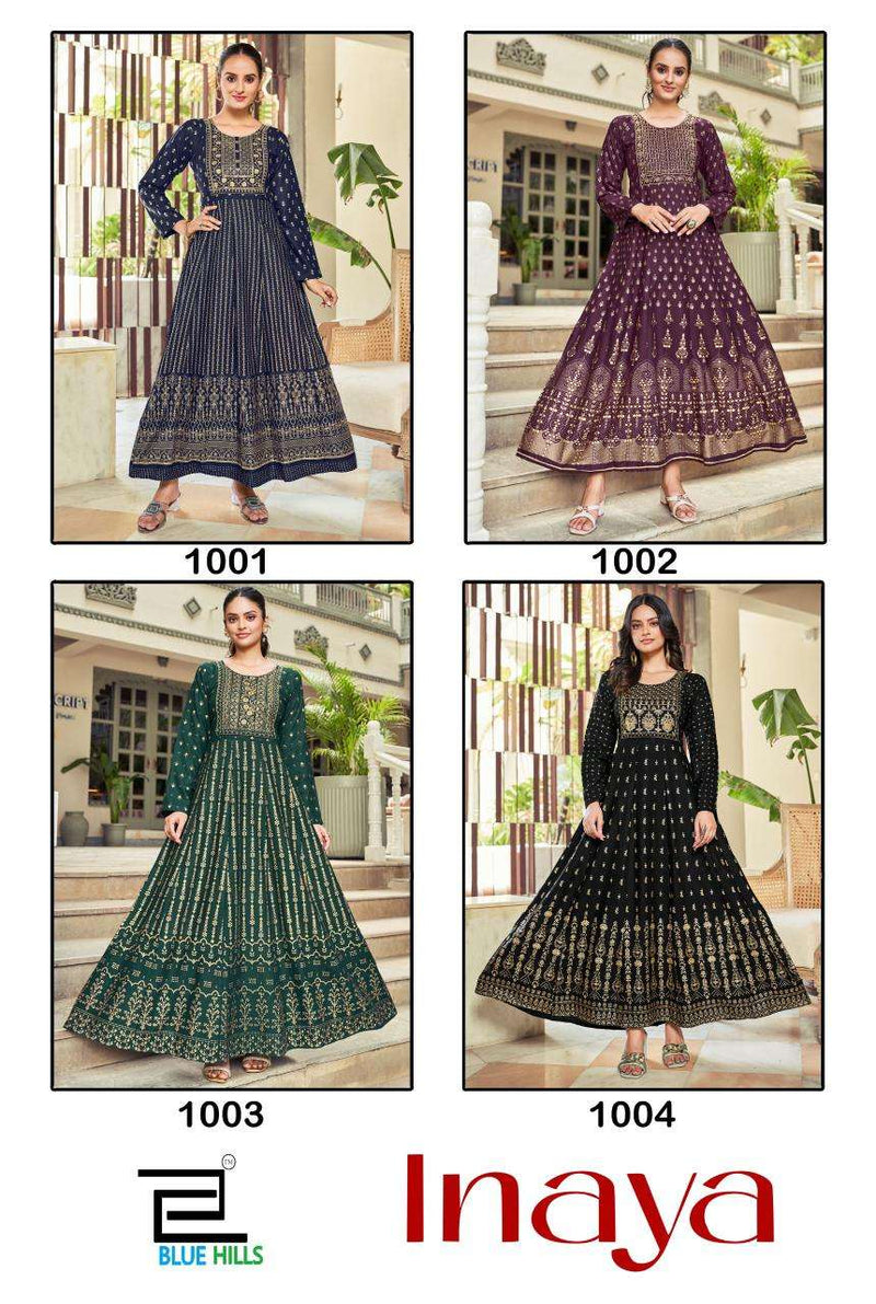 Blue Hills Inaya Rayon Foil Print With Classic Neck Embroidery Work Anarkali Gown