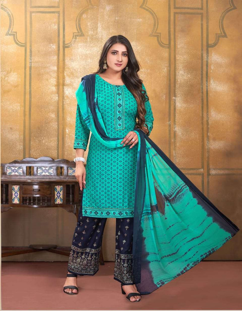 Chunari Vol 4 By Kinti 3pcs Set Fancy Work Straight Kurti With Plazzo And Dupatta