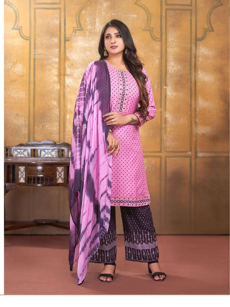 Chunari Vol 4 By Kinti 3pcs Set Fancy Work Straight Kurti With Plazzo And Dupatta