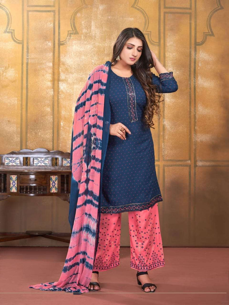 Chunari Vol 4 By Kinti 3pcs Set Fancy Work Straight Kurti With Plazzo And Dupatta