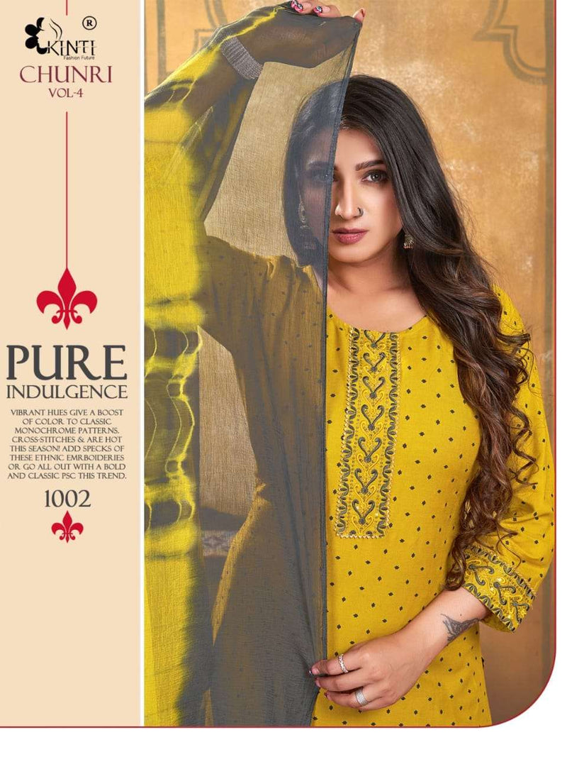 Chunari Vol 4 By Kinti 3pcs Set Fancy Work Straight Kurti With Plazzo And Dupatta