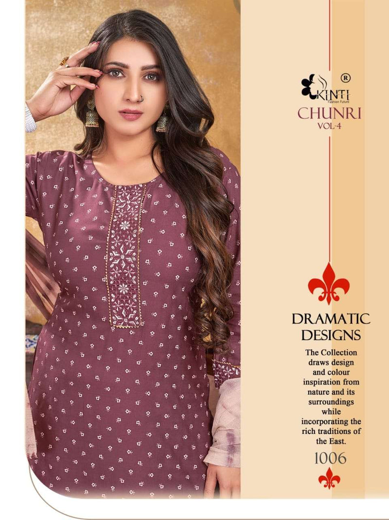Chunari Vol 4 By Kinti 3pcs Set Fancy Work Straight Kurti With Plazzo And Dupatta