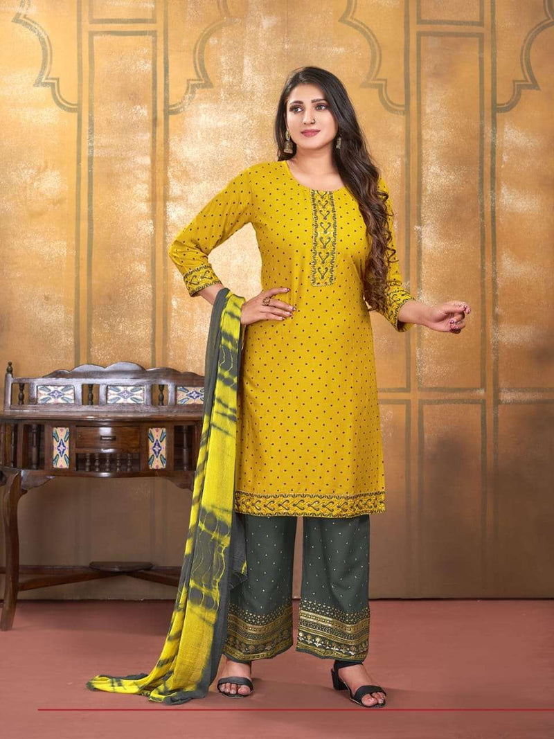 Chunari Vol 4 By Kinti 3pcs Set Fancy Work Straight Kurti With Plazzo And Dupatta