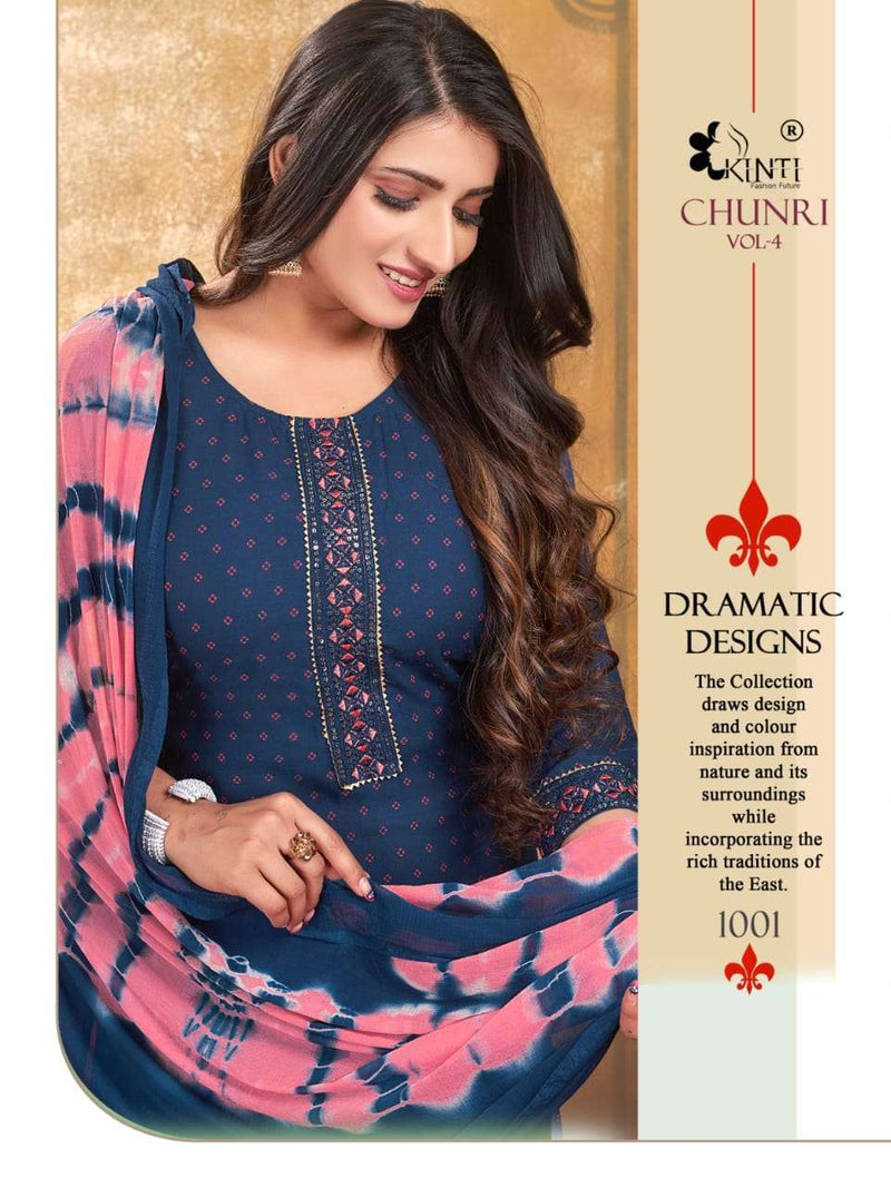 Chunari Vol 4 By Kinti 3pcs Set Fancy Work Straight Kurti With Plazzo And Dupatta