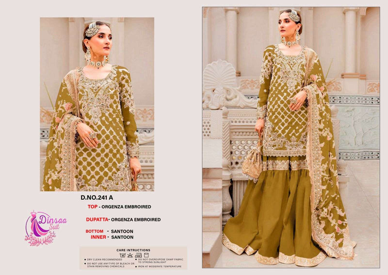 Dinsaa Suit Design No 241 A D Organza Embroidery Work Party Wear Suit