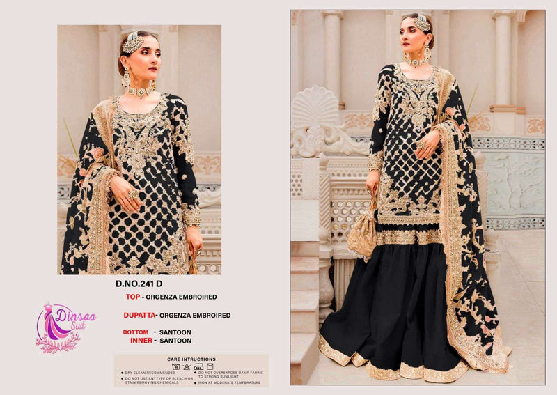 Dinsaa Suit Design No 241 A D Organza Embroidery Work Party Wear Suit