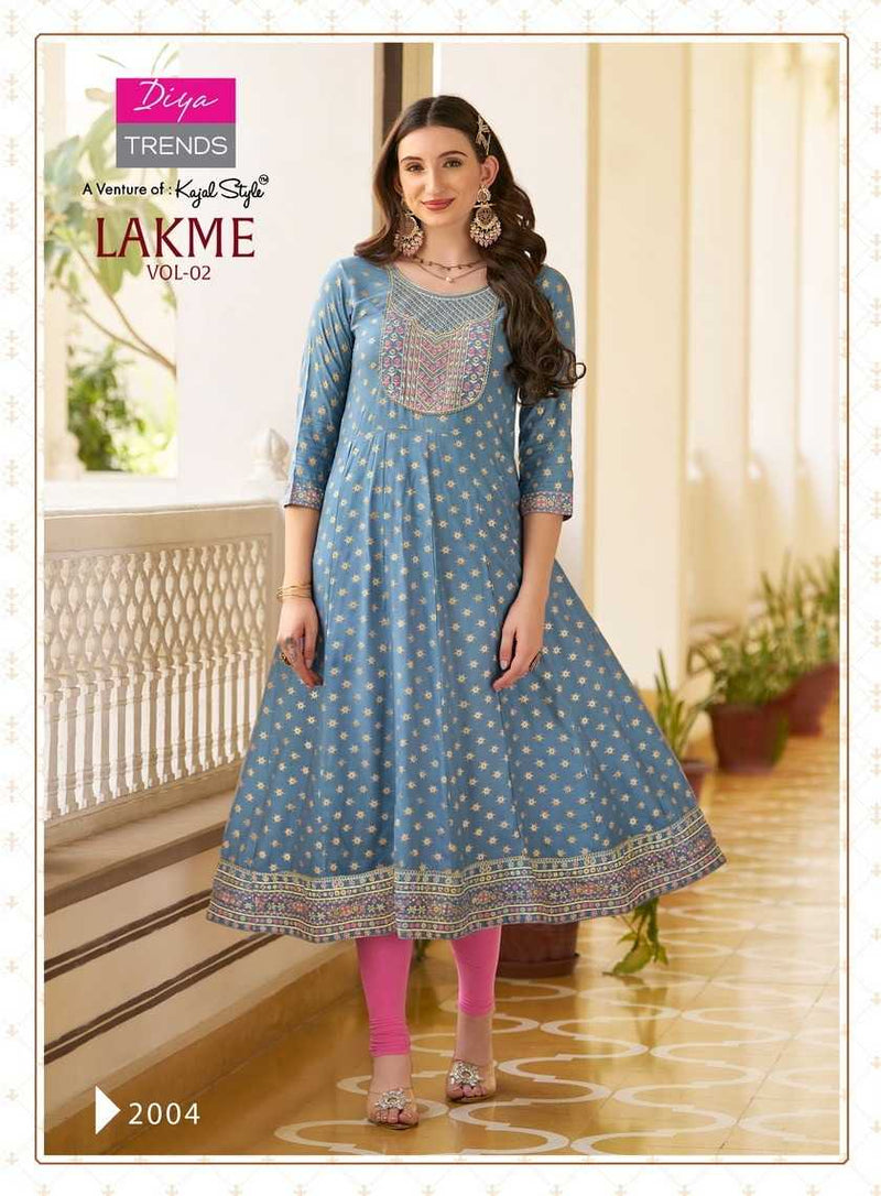 Diya Trends Lakme Vol 2 Rayon Emboidery Work Casual Wear Designer Kurti Gowns