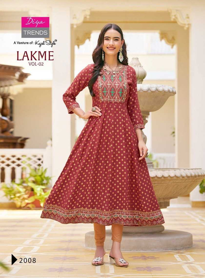 Diya Trends Lakme Vol 2 Rayon Emboidery Work Casual Wear Designer Kurti Gowns