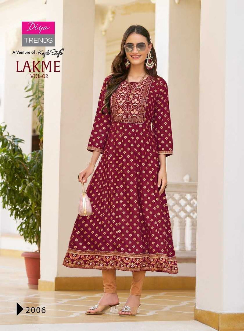 Diya Trends Lakme Vol 2 Rayon Emboidery Work Casual Wear Designer Kurti Gowns