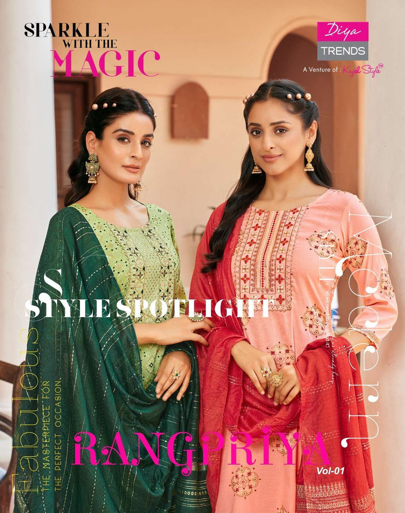 Diya Trends Present Rangpriya Vol 1 Claasy Gold Print Straight Kurti With Pant And Dupatta