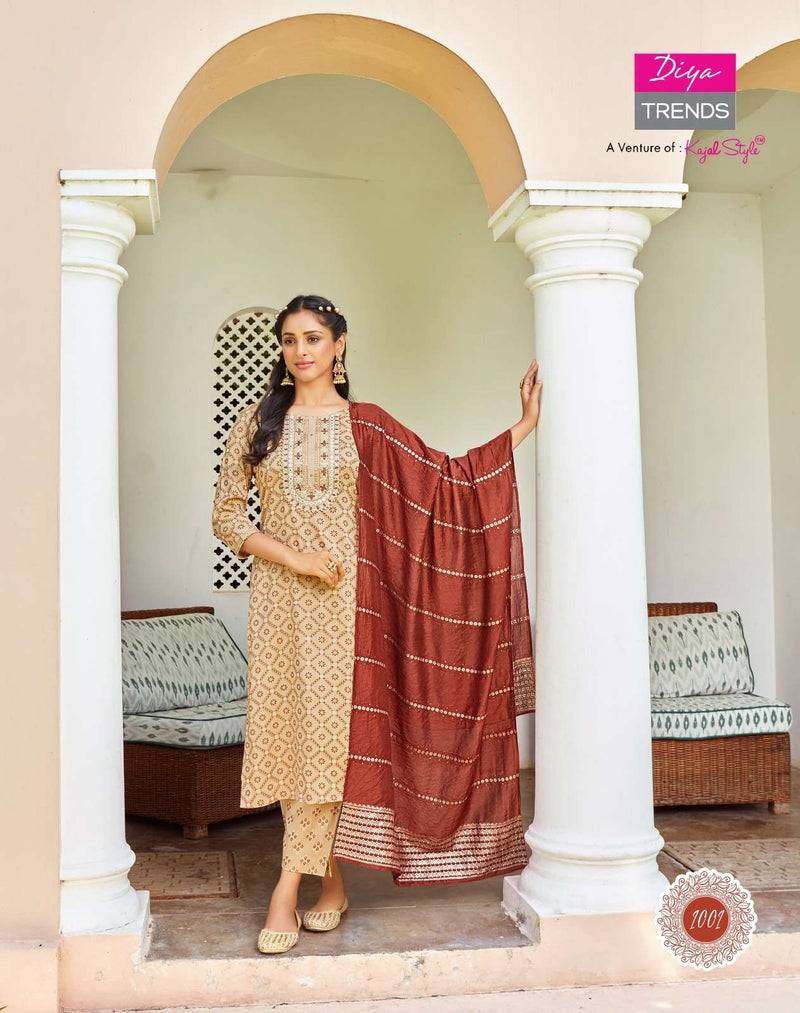 Diya Trends Present Rangpriya Vol 1 Claasy Gold Print Straight Kurti With Pant And Dupatta