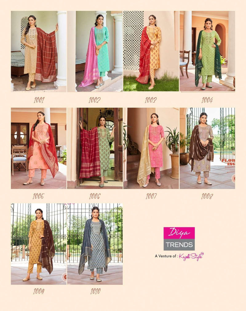 Diya Trends Present Rangpriya Vol 1 Claasy Gold Print Straight Kurti With Pant And Dupatta