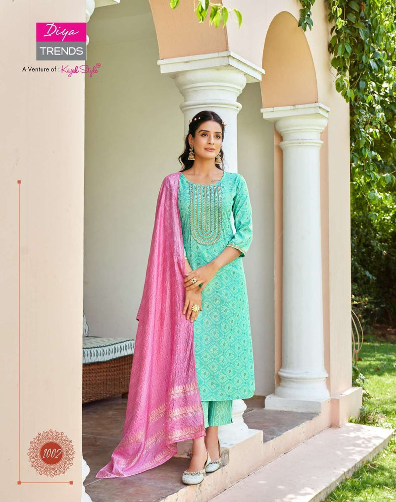 Diya Trends Present Rangpriya Vol 1 Claasy Gold Print Straight Kurti With Pant And Dupatta