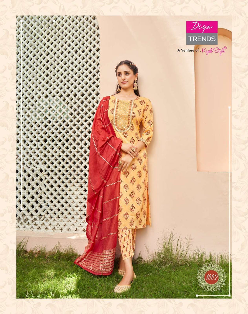 Diya Trends Present Rangpriya Vol 1 Claasy Gold Print Straight Kurti With Pant And Dupatta