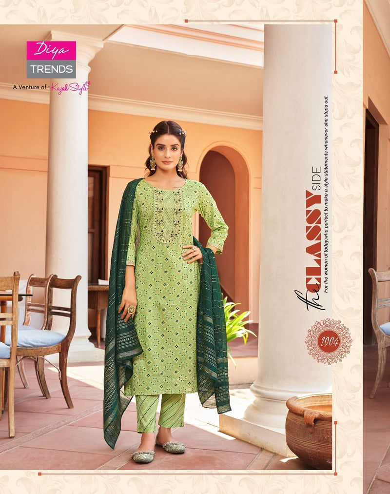 Diya Trends Present Rangpriya Vol 1 Claasy Gold Print Straight Kurti With Pant And Dupatta