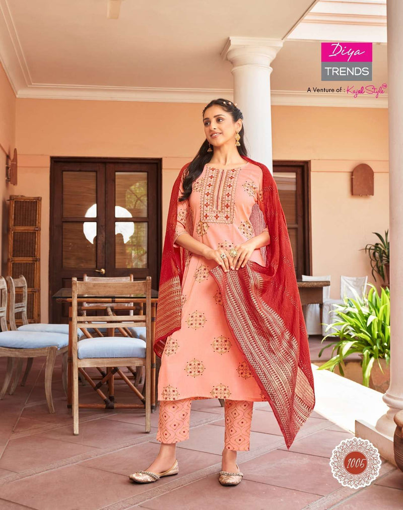 Diya Trends Present Rangpriya Vol 1 Claasy Gold Print Straight Kurti With Pant And Dupatta