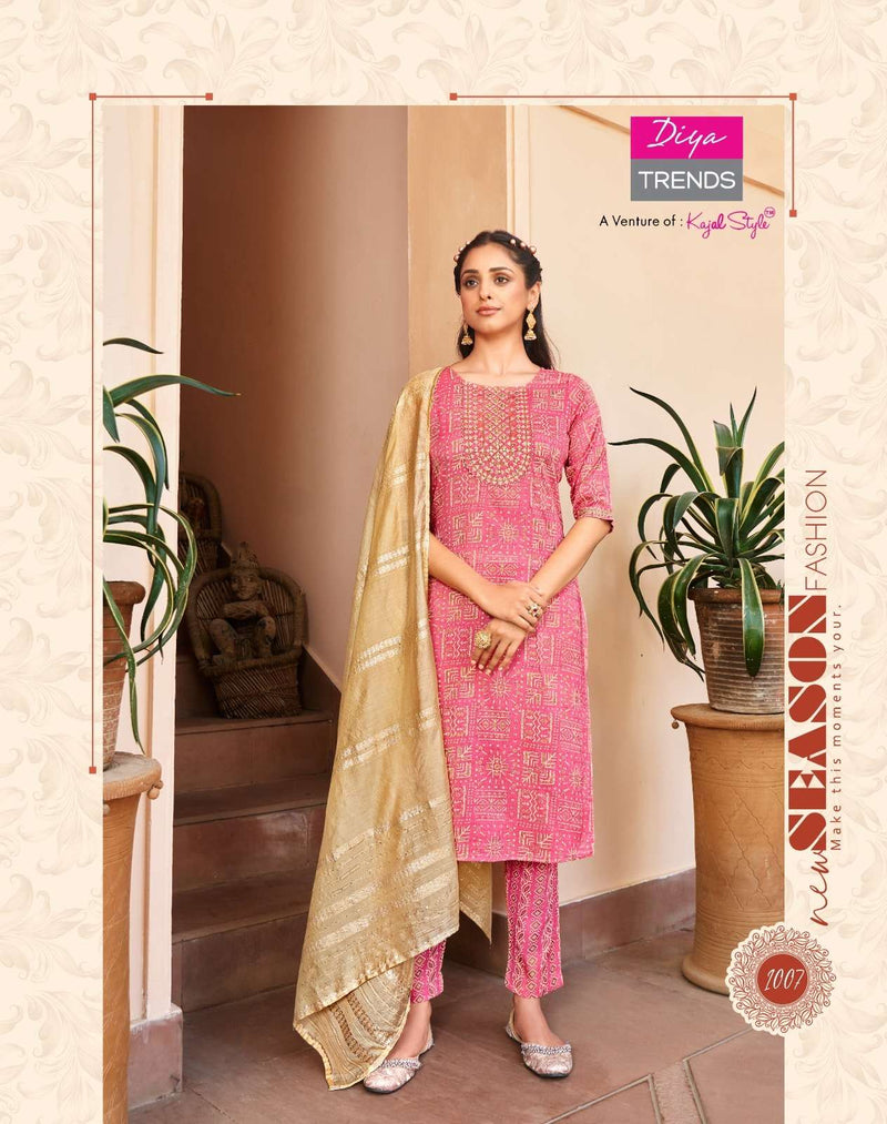 Diya Trends Present Rangpriya Vol 1 Claasy Gold Print Straight Kurti With Pant And Dupatta