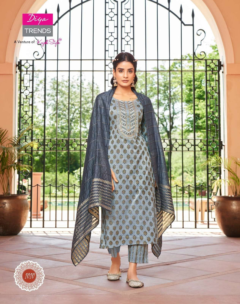 Diya Trends Present Rangpriya Vol 1 Claasy Gold Print Straight Kurti With Pant And Dupatta