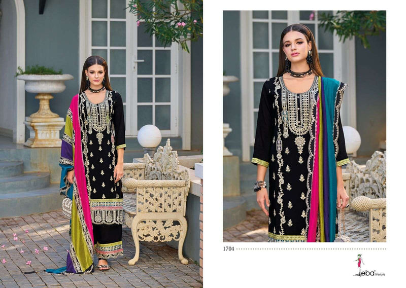 Eba Lifestyle Merub Chinon Emboidery Work Designer Party Wear Kurti Plazo Dupatta Set