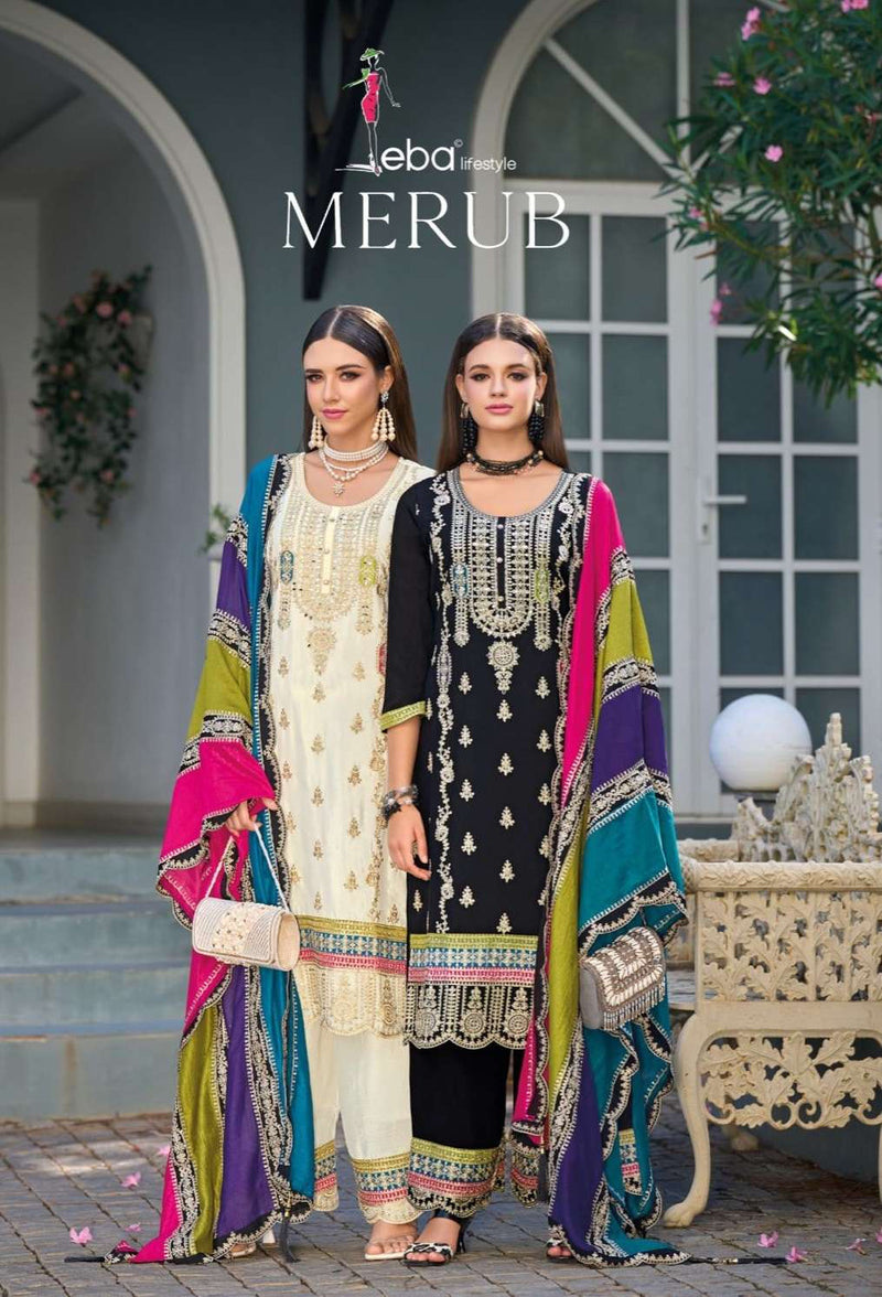 Eba Lifestyle Merub Chinon Emboidery Work Designer Party Wear Kurti Plazo Dupatta Set