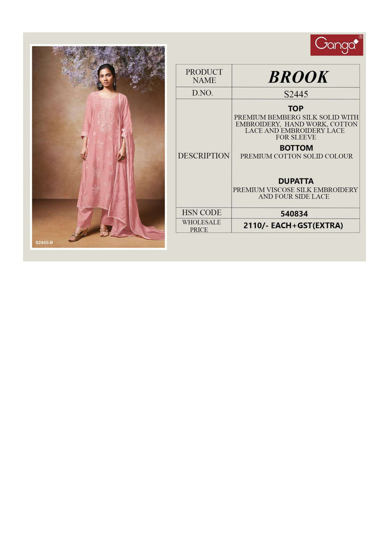 Ganga Fashion Brook 2445 Bemberg Silk Embroidery Handwork Designer Salwar Suit