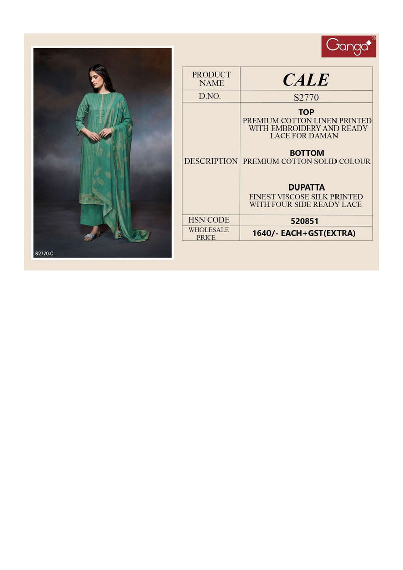 Ganga Fashion Cale 2770 Cotton Linen Printed Embroidery Festival Wear Salwar Suit