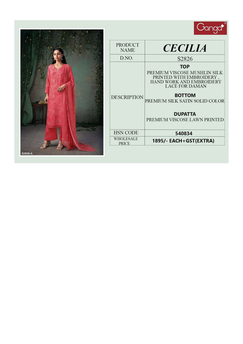 Ganga Fashion Cecilia 2826 Viscose Embroidery Hand Work Designer Salwar Suit