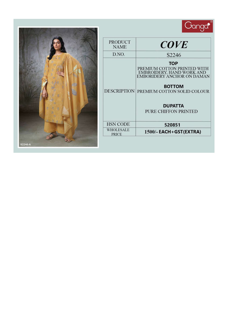 Ganga Fashion Cove 2246 Cotton Printed Embroidery Handwork Fancy Salwar Suit