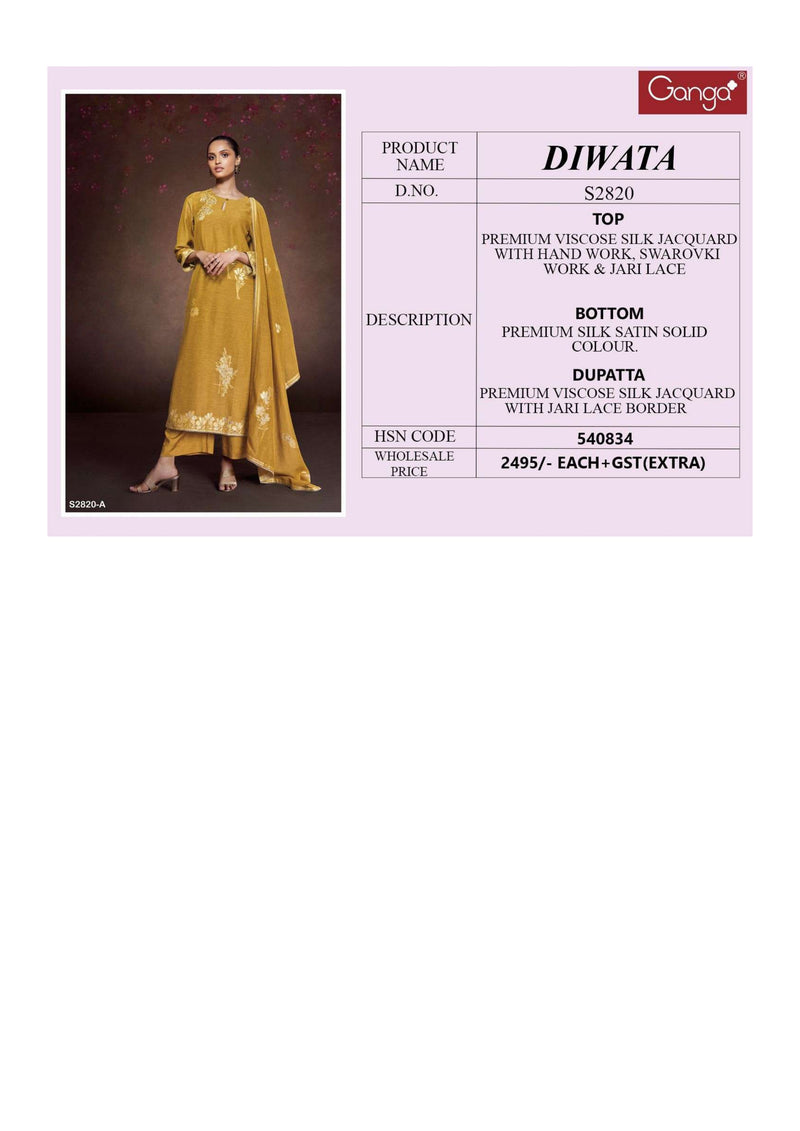 Ganga Fashion Diwata 2820 Viscose Silk Handwork Festival Wear Salwar Kameez