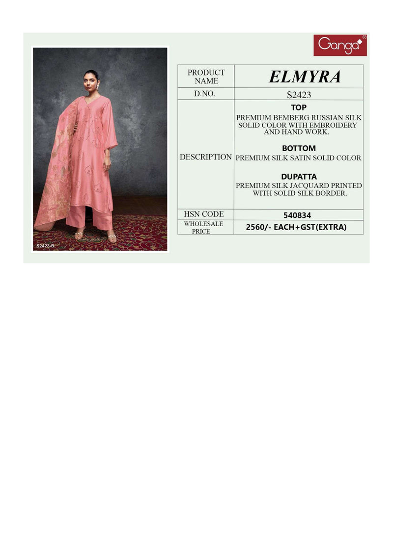 Ganga Fashion Elmyra 2423 Bemberg Russian Silk Embroidery Designer Salwar Suit