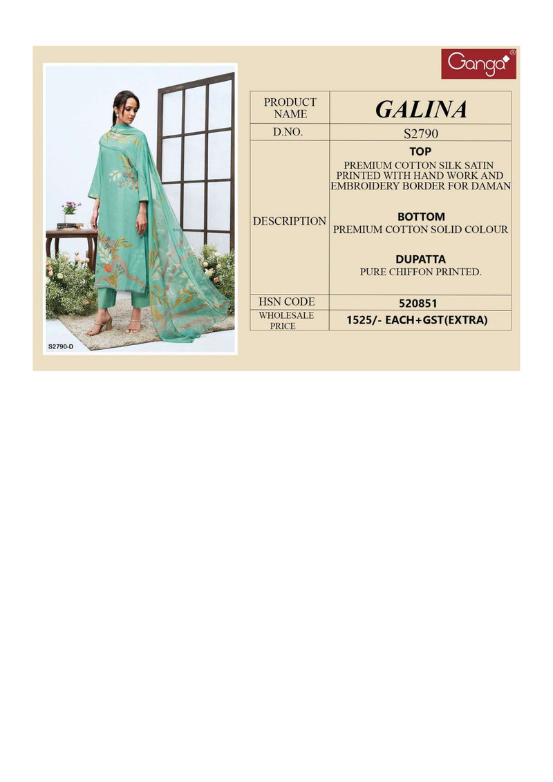 Ganga Fashion Galina 2790 Cotton Silk Satin Printed Hand Work Salwar Suit