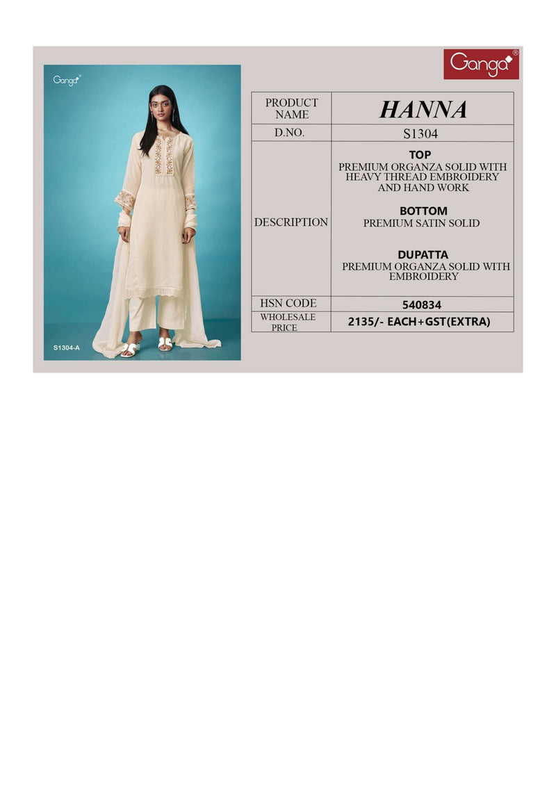 Ganga Fashion Hanna 1304 Organza Heavy Thread Embroidery Party Wear Salwar Suit