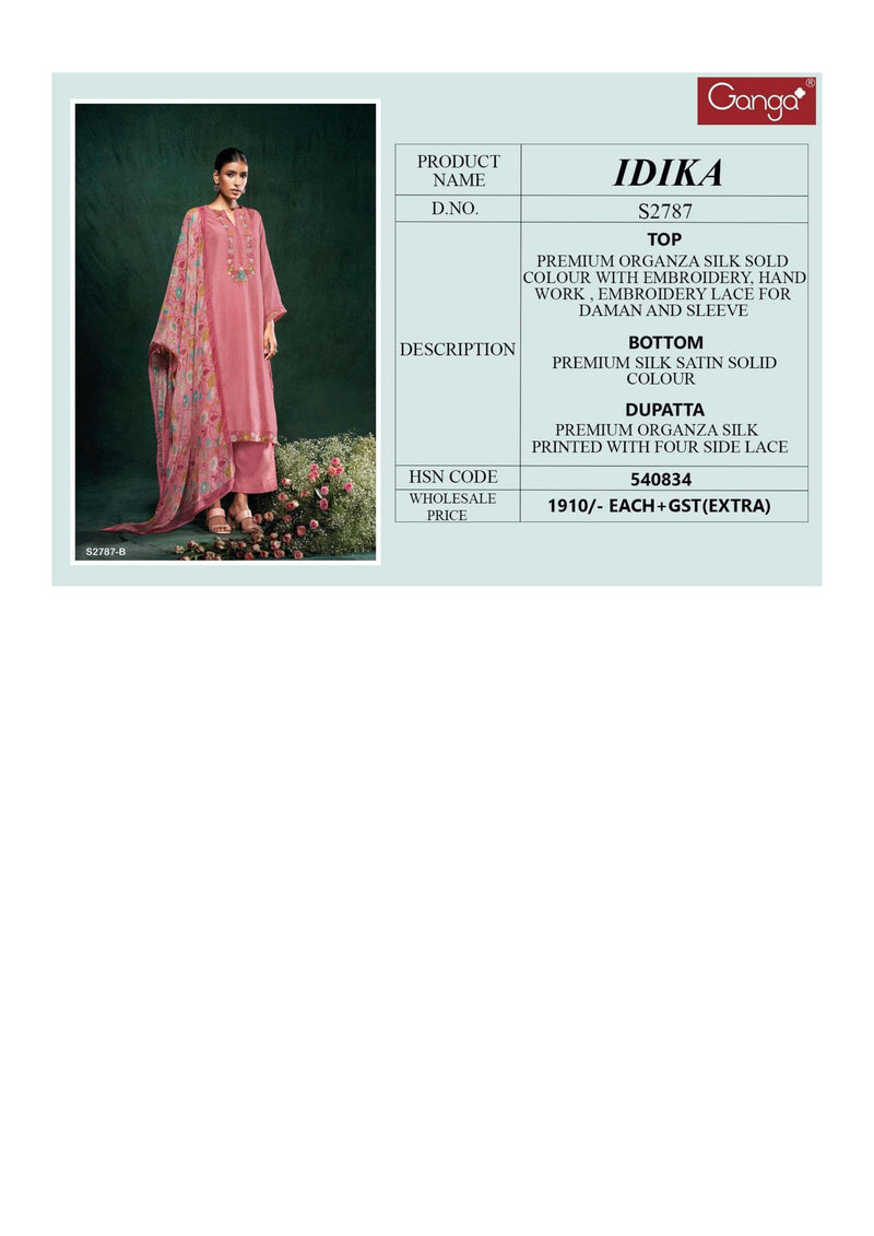 Ganga Fashion Idika 2787 Organza Embroidery Handwork Party Wear Salwar Suit