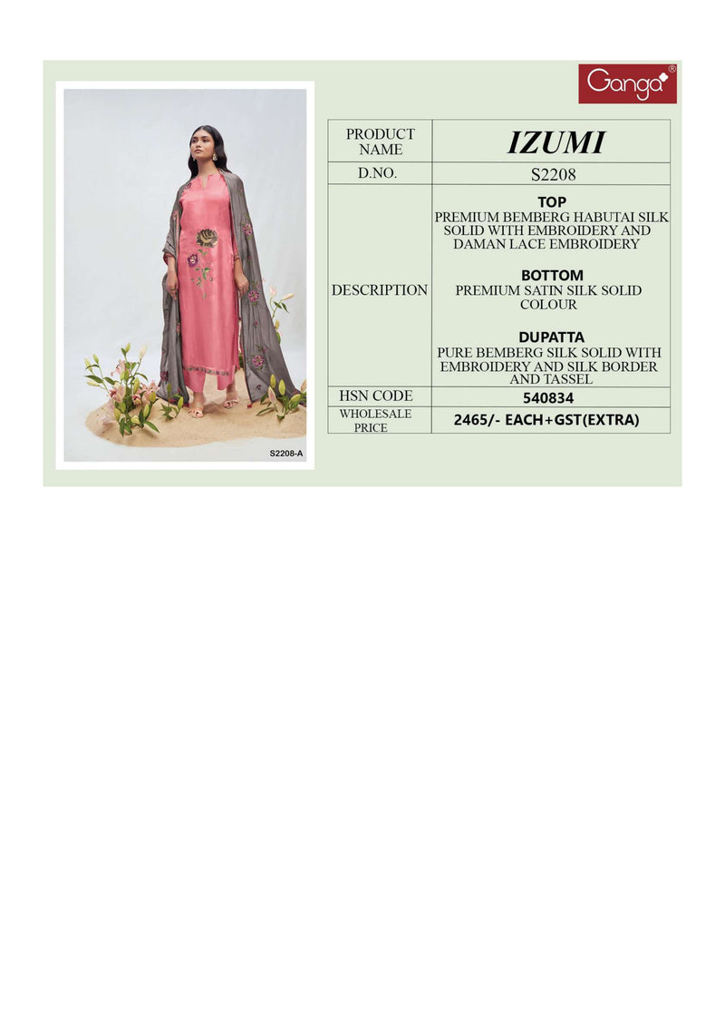 Ganga Fashion Izumi 2208 Bemberg Habotai Silk Embroidery Heavy Designer Salwar Suit
