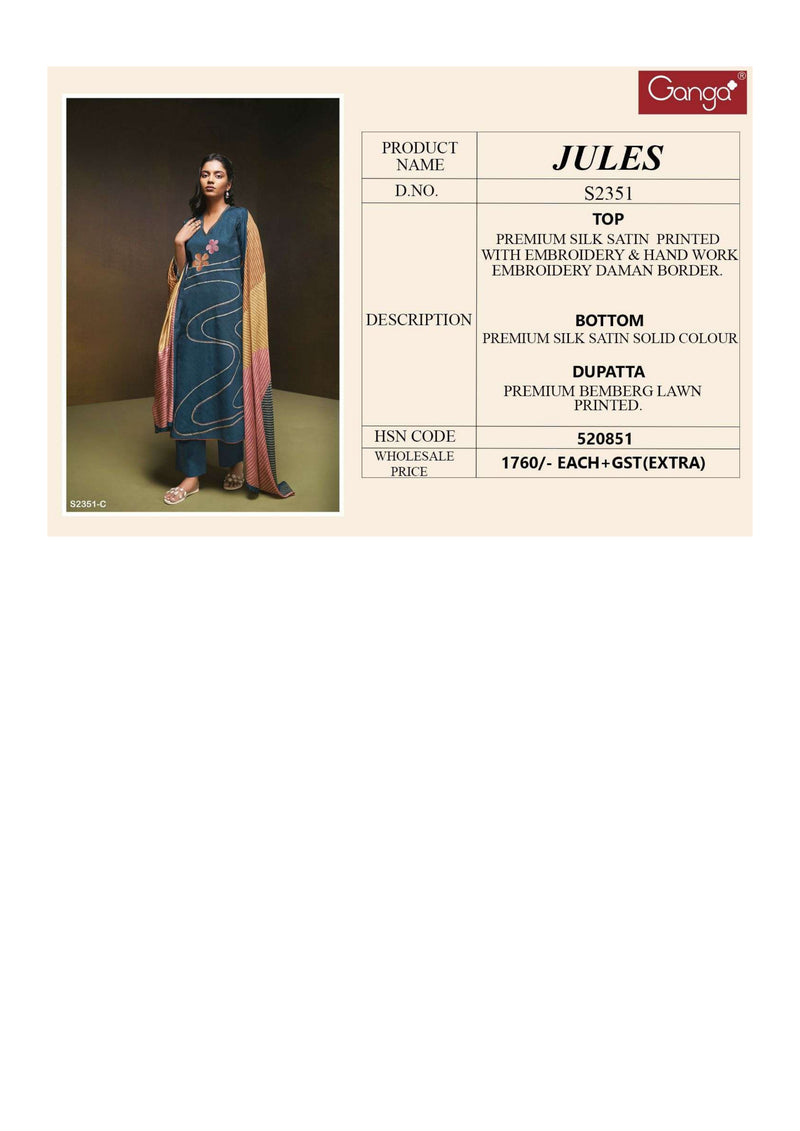 Ganga Fashion Jules 2531 Silk Satin Printed Embroidery Handwork Designer Salwar Kameez