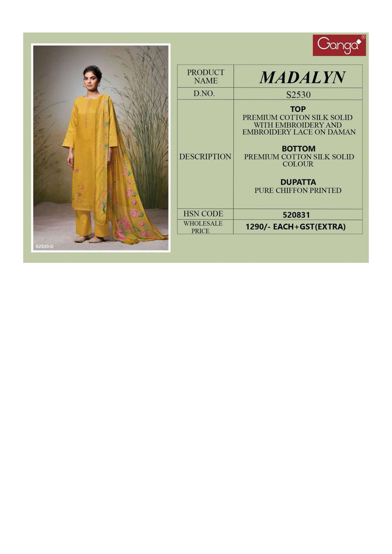 Ganga Fashion Madalyn 2530 Cotton Silk Embroidery Designer Casual Wear Salwar Suit